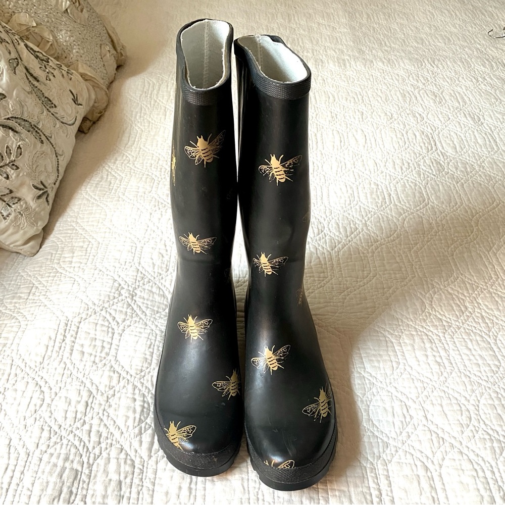 Black + Gold Beekeeper Honeybee Waterproof Rain Boots Size 9 Women’s